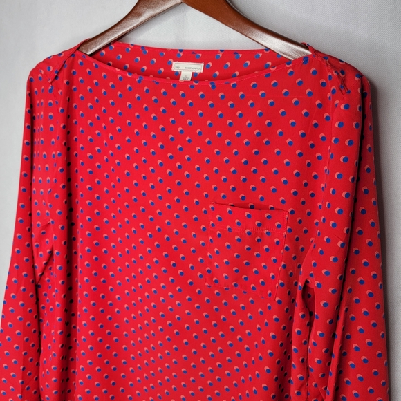 Gap Blouse Red Blue Polka Dot Lightweight Flowy Polyester Long Sleeve Boatneck L - Picture 2 of 13
